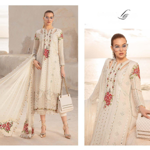 ÉLÉGANTE NOUVELLE ROBE EN MOUSSETTE INDIEN PAKISTANI POUR PELOUSE/FÊTE VENTE CHAUDE PRÊT À ÊTRE 3 PIÈCES APPLIQUES DE BRODERIE LONGUEUR AU SOL - Product Image 4