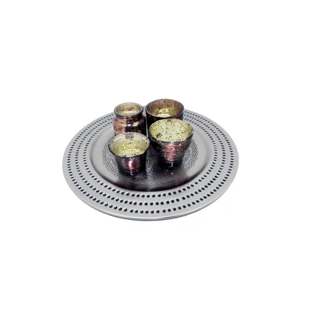 Venda quente Ferro/Vidro Placa Redonda W/4 Etiqueta Votiva Pewter Anti Chapeamento Prato De Tamanho Grande E Bandeja Para Servir E Decorativo