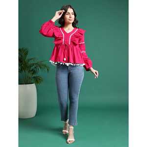 Hauts à volants pour femmes, col en V rose, style vintage, en popeline brodée, tricotés, tailles XS à XL, pour le printemps et l'automne - Product Image 6