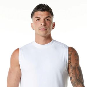 Tapered Fit Sleeveless Physique Enhancing Armhole Cut Elongated Torso 100% Cotton White <b>Mens</b> High-Neck Premium Tank Top - Product Image 5