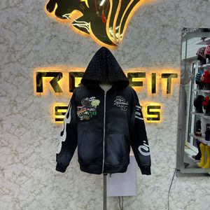Sudadera con Capucha y Cremallera Personalizada, Chaqueta con Cremallera y Pedrería, Lavado Ácido, Estilo Vintage, Sudadera de Forro Polar para Hombre, Ropa Urbana - Product Image 4