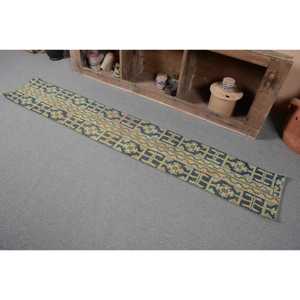 1.2x7.5 ft Rug, Turkish Vintage Rug, Blue <b>Yellow</b> Southwestern <b>Wool</b> Rug - Product Image 3