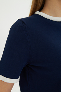 Blusa de verano de punto de manga corta con cuello redondo para mujer, Camiseta cómoda y elegante transpirable a rayas, servicio OEM de alta calidad - Product Image 4