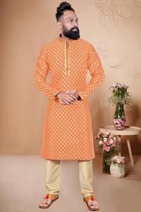 <b>Mens</b> Traditional <b>Festival</b> <b>Wear</b> Rayon Cotton Sequence Chiefly Work With Embroidery Work Designer Kurta Paijama for Wedding - Product Image 4