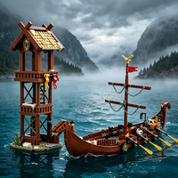 Set de Bloques de Construcción de Barco de Guerra con Torre de Vigilancia y Dragón, Barco Pirata Nórdico Medieval, Juguete Educativo