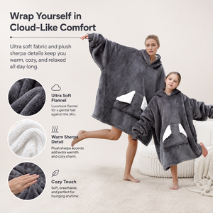 Wholesale Oversized Soothing Skin <strong>Long</strong> Length <strong>Snuggle</strong> <strong>Hoodie</strong> Fleece Pullover Wearable Parent-child Blanket with Giant Pocket - Product Image 3