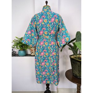 Kimono de Lujo Estilo Boho Indio, Vestido de Verano de Algodón Puro, Estampado a Mano con Diseño Floral Azul Agua, Azul Marino 1 - Product Image 6
