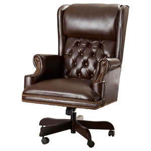 Silla Ejecutiva Tradicional de Cuero Marrón de Lujo, Madera de Teca Sólida, Respaldo Alto, Altura Ajustable, Giratoria, Mueble Hecho a Mano - Product Image 1