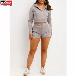 Ensemble sweat à capuche et short pour femme, décontracté, extérieur, fermeture éclair, col montant, ensemble deux pièces - Product Image 1