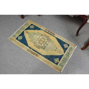 Classique bleu Beige 1.8x3.2ft tapis de laine fait main conception de Patchwork turc pour salon chambre rectangulaire couloir forme peluche Latex - Product Image 4