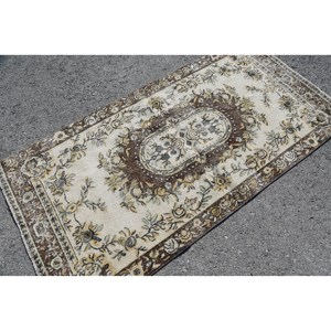 Classic Floral Vintage Rug Beige <b>Brown</b> 3.4 X 6.8 ft <b>Wool</b> Fur Latex Rectangle Patchwork for Living Room Hallway Room Carpet - Product Image 2