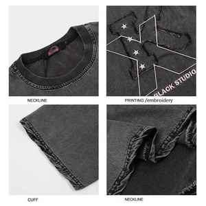 Camiseta de Algodón Personalizada de Manga Corta con Cuello Redondo, Apliques Desgastados, Bordado y Lavado para Hombre - Product Image 5