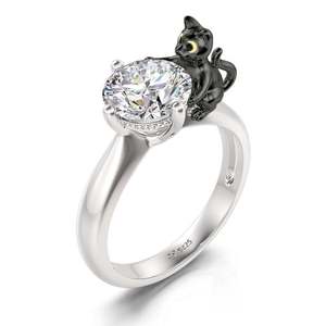Jeulia Hug Me Death Witness <b>Black</b> Cat Round Cut Sterling Silver Fashion <b>Ring</b> - Product Image 2