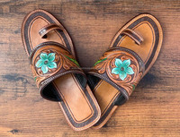Sandales à bout ouvert en cuir véritable de vachette véritable fait à la main pour femmes style occidental décontracté extérieur tongs plates turquoise