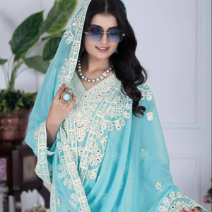 Alta calidad Skyblue Faux Georgette Top Palazzo para mujeres Indian Pakistani Wedding & Festival Suit Party Wear - Product Image 1
