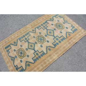 Alfombra turca vintage de 3,4x5,5 pies, diseño de retazos azul beige, lana hecha a mano con respaldo de látex, estilo Tabriz para sala de estar de adolescentes - Product Image 2