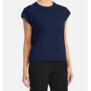 เสื้อสแปนเด็กซ์แขนสั้นสำหรับสตรีผ้าสแปนเด็กซ์แขนสั้นมีกระเป๋าหน้าอกเสื้อคอลูกเรือสีกรมท่า - Product Image 3