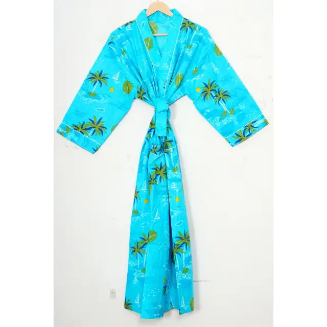 Çiçek baskı kadın pamuk Kimono Robe hint el bloğu yumuşak kumaş kıyafeti hint Kimono uzun Kimono nedime gece elbise