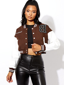 Nouveau Design marron femmes tricoté recadrée varsité veste Baseball culture laine Letterman veste 100% laine respirant - Product Image 6