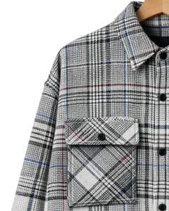 Customized <b>Mens</b> Grey White Plaid Shacket Shirt Jacket Long Sleeve Button Up Oversized Check <b>Overshirt</b> Warm Winter Wear - Product Image 4
