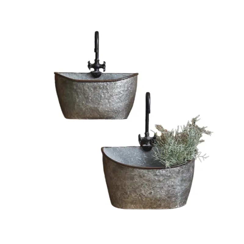 Set of 2 Galvanized Metal Wash Tub With Faucet Wall Bins Planter Farmhouse Hanging Planter Unique Design Handmade Customization