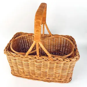 Hot Sale Vintage Wicker Wine Bottle Basket with Two Slots, Wine Bottle Storage, Dinner Table Picnic Wine Caddy Vietnam Supplier