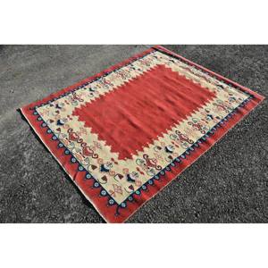 Ethnic <b>Boho</b> Wool Eco Friendly Traditional <b>Rug</b> Red Beige Patchwork 4.8ft X 6.4ft Rectangular Side Medium Thickness <b>Rugs</b> Sets - Product Image 3