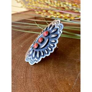 Leander Tahe <b>Adjustable</b> <b>Ring</b> Coral & Sterling Silver Concho with Bezel Setting Size 8 for Everyday Wear - Product Image 4