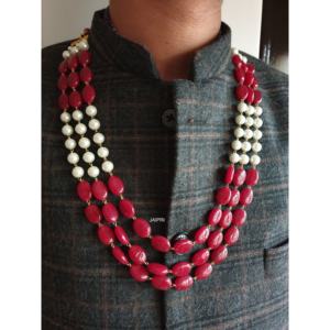 Collar de novio de tres capas rojo y Perla Combo - Product Image 3