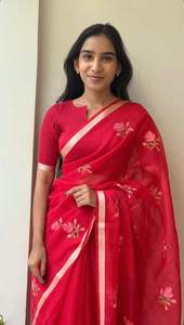 Sari Tradicional Kota Doriya con Bordado y Trabajo de Hilo, Blusa Sin Coser con Borde en las Mangas y un Hermoso Sari - Product Image 3