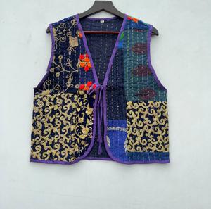 Handmade <b>Women's</b> <b>Knitted</b> Patchwork Cotton Kantha Puffer <b>Vest</b> V-Neck Short Winter Jacket Embroidery Streetwear Style Logo - Product Image 1