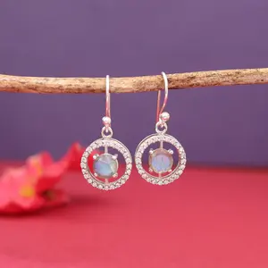 Boucles d'oreilles pendantes en argent 925 avec perle d'eau douce et labradorite, boucles d'oreilles à fleurs plaquées or pour femmes pour les fêtes - Product Image 4
