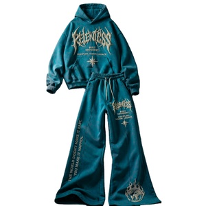 Ensemble de survêtement deux pièces personnalisé en coton respirant avec pantalon évasé, imprimé en relief et délavé à l'acide - Product Image 6