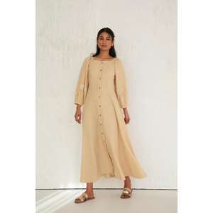 Vestido Largo Gótico Floral Beige para Mujer, con Cierre de Botones Delanteros, Manga Corta, Cuello en V, Informal, de Verano - Product Image 2