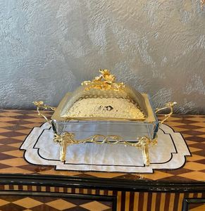 Luxury Handmade Metal Chafing Dish with Lid and Glass Food <b>Server</b> 6L/9L Contemporary Design for <b>Buffets</b> & Parties India Origin - Product Image 4
