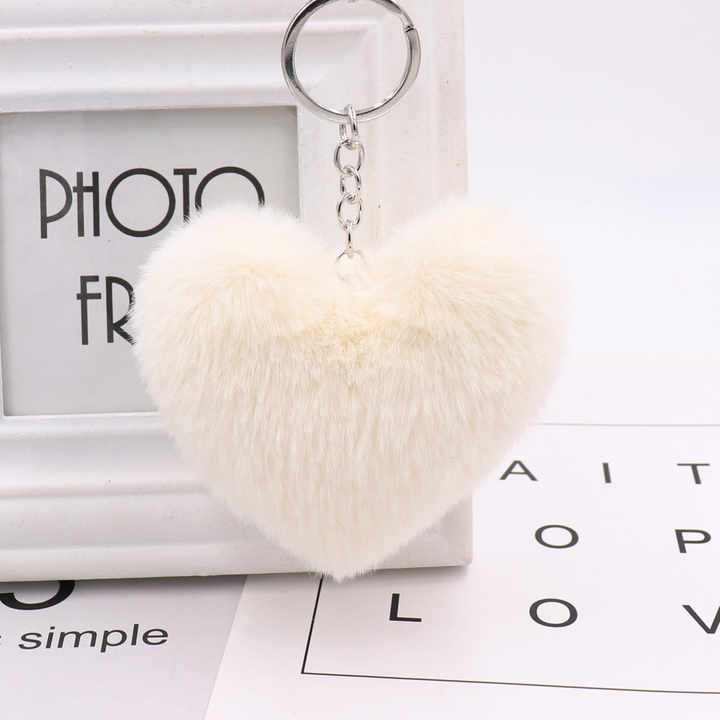 Soft Cute Heart Shape Furball Pompom Keychain Plush Fluffy Ball Rabbit ...