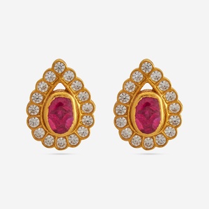 Vintage <b>Silver</b> Temple Earrings 186507 Religious <b>Stud</b> and Hoop Floral Bezel Setting Stainless Steel and Brass for Weddings - Product Image 1