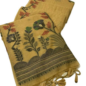 Magnifique sari en tissu de coton et soie Muga, couleur élégante, longueur 5,5 mètres, design fantaisie, avec pièce pour chemisier, pour femmes ou filles. - Product Image 1