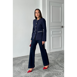 Chaqueta Blazer Azul Marino con Cuello Redondo para Mujer con Detalle de Ribete en los Bolsillos - Product Image 5