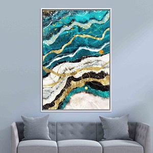 Shimmery Canvas Decor - Printed Blue & Gold Marble Glass Wall Art,WHITE <b>FRAMED</b> CANVAS - Product Image 1