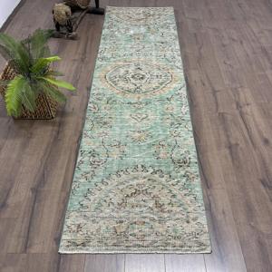 2.5x9.2 ft Turkish Rug, Vintage <b>Runner</b> Rug, <b>Green</b> White Abstract Wool Rug - Product Image 1