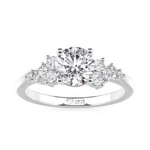 Jeulia Rhodium Plated Copper Cluster Round Cut Engagement <b>Ring</b> with Side Stones - Product Image 1