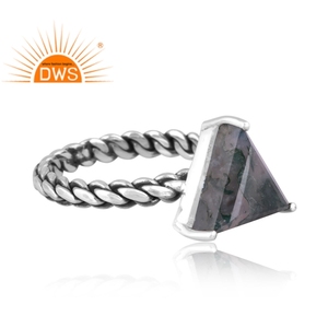 Newly Designer Oxidized Sterling Silver Natural Green <b>Moss</b> <b>Agate</b> Gemstone Triangular Design Twisted <b>Ring</b> Jewelry Manufacturer - Product Image 3
