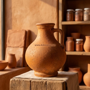 Vase en terre cuite rustique Mado Orange avec poignée, pot en argile artisanal, carafe décorative en céramique, urne de table en gros - Product Image 5