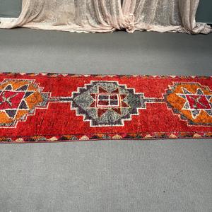 Turkish Vintage Eco-Friendly <b>Wool</b> Rug 3x10.2 ft <b>Red</b> Patchwork with Latex Backing - Product Image 5