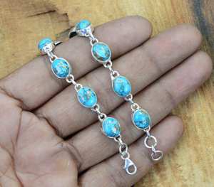Blue Copper Turquoise Sterling Silver Bracelet Adjustable Handmade Jewelry Natural Gemstone Silver Bracelet Gift - Product Image 2