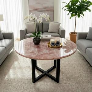 Table basse ronde en quartz rose de luxe, pièce maîtresse en pierre naturelle artisanale pour les salons modernes, mobilier sur mesure - Product Image 3