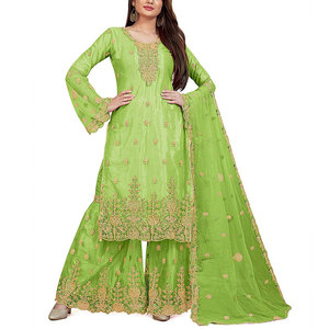 Salwar Kameez en soie brodée pour femmes, 3 pièces non cousues, couleur unie, style décontracté pour mariage/fête/occasions décontractées - Product Image 1