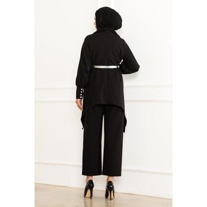 MSW19001-1 Conjunto de Traje Informal Negro con Detalles, Blusa Larga y Piezas Coordinadas de Longitud Midi - Product Image 4