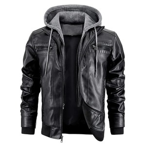 Veste en cuir coupe ajustée de haute qualité pour hommes avec capuche amovible Manteau coupe-vent d'automne et d'hiver Haut de moto décontracté Tissu en toile - Product Image 4